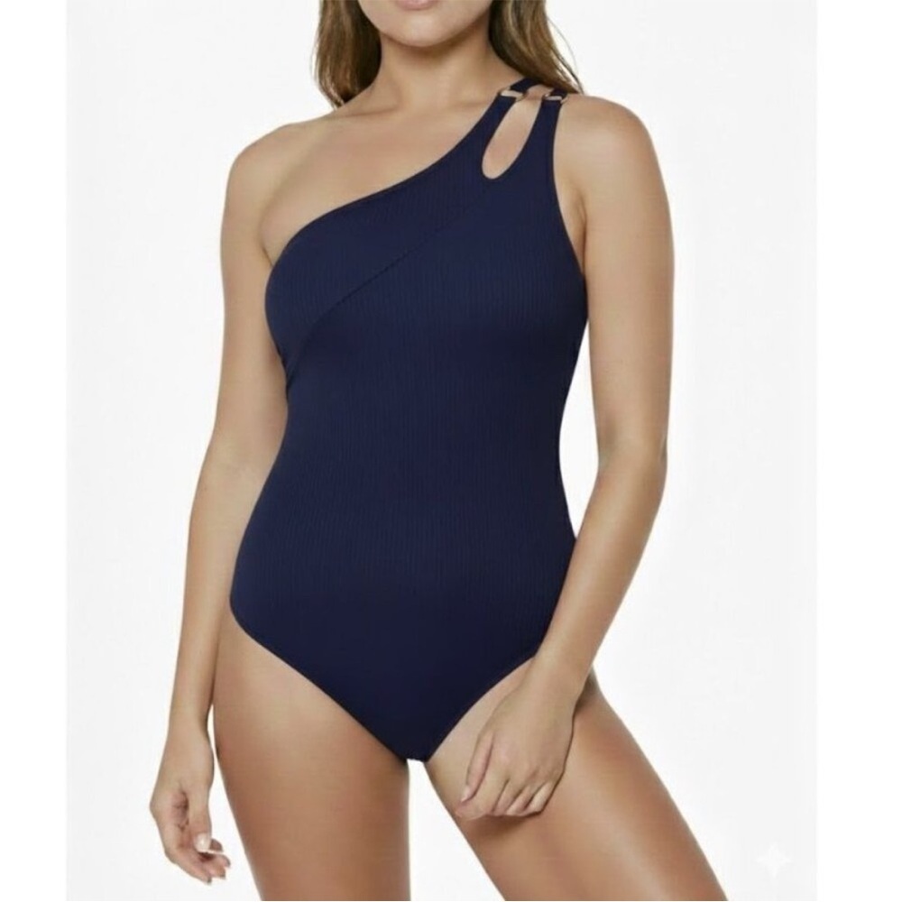 Jessica Simpson Navy Gold Tone Key Ring One Shoulder One Piece Swimsuit |XL|